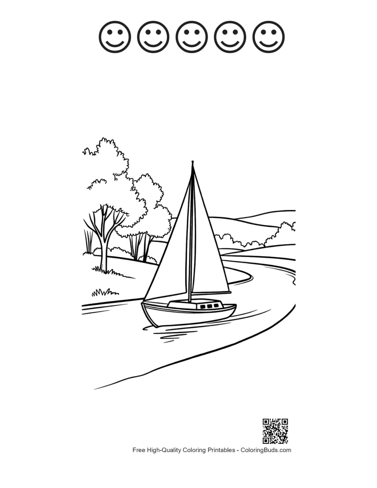 Sailboat page with 5 happy face outlines printable