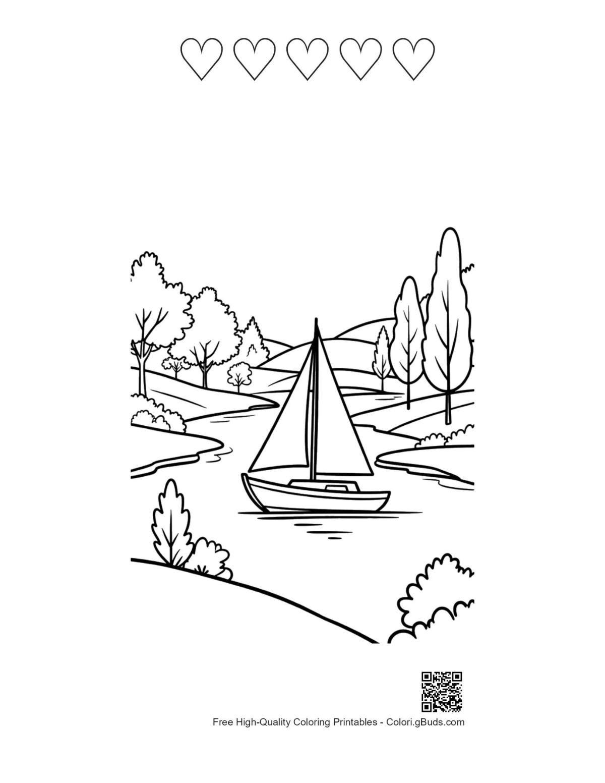 Sailboat coloring page with 5 heart outlines