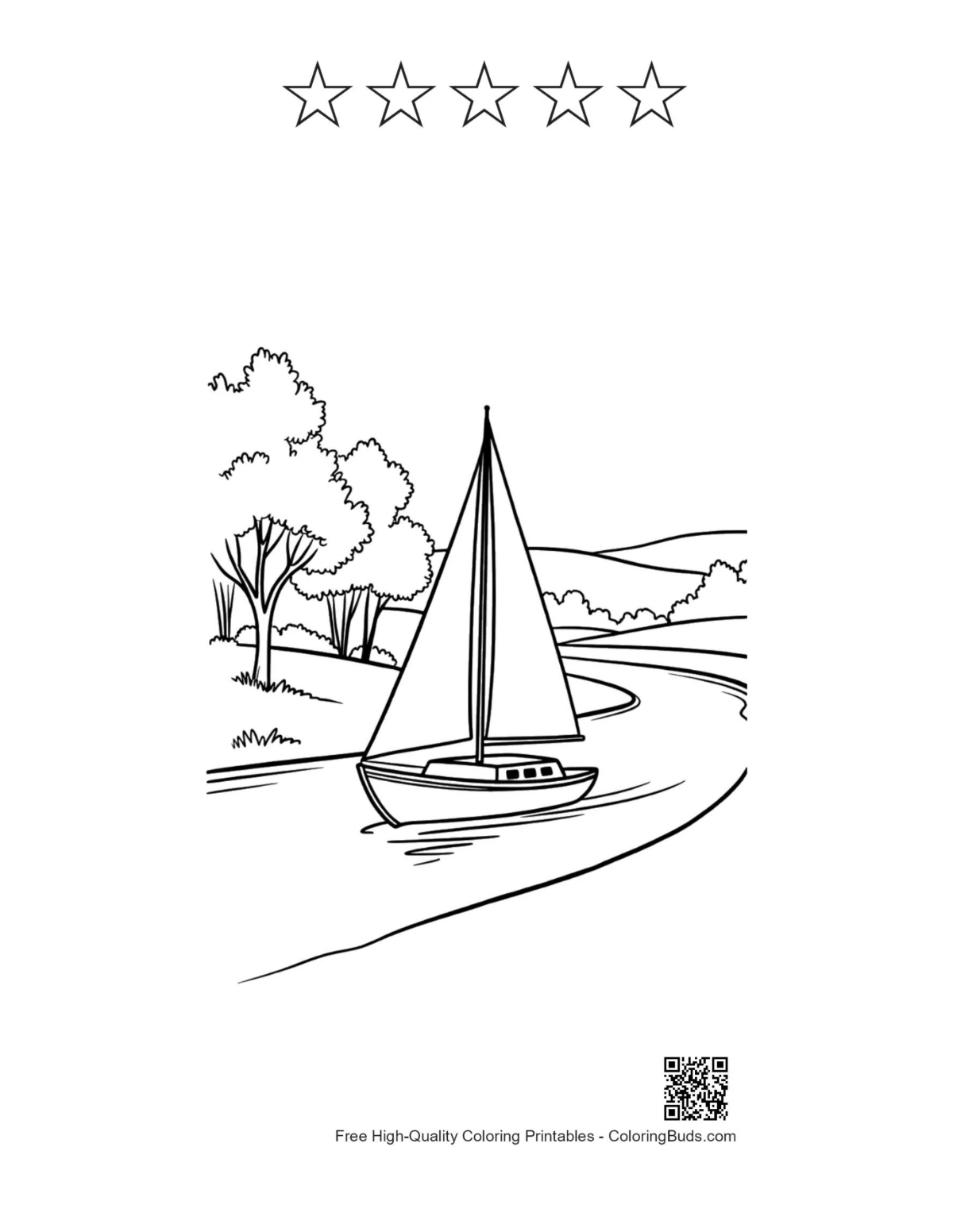 Sailboat coloring page with 5 star outlines