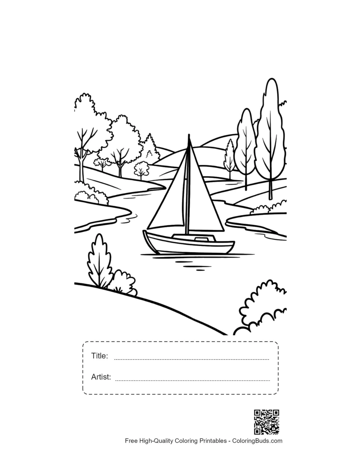 Sailboat coloring page with title and artist box