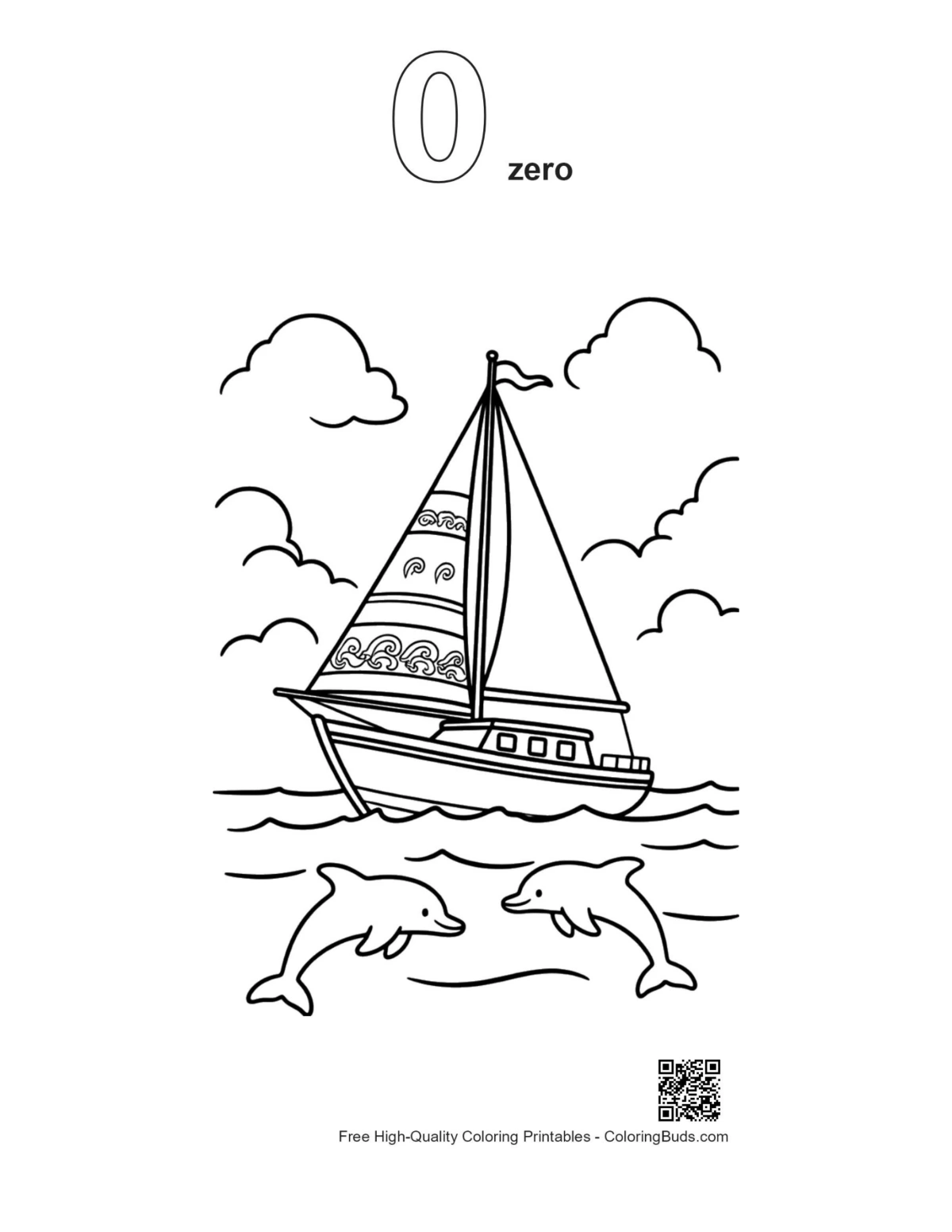 Sailboat dolphins outline number 0 coloring page