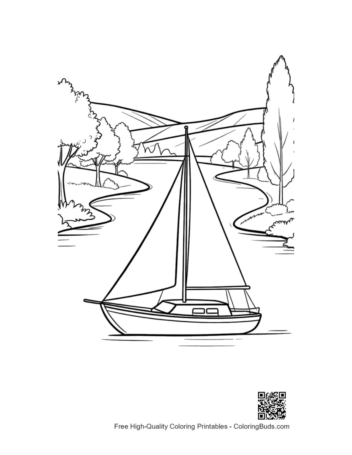 Peaceful sailboat on countryside river printable