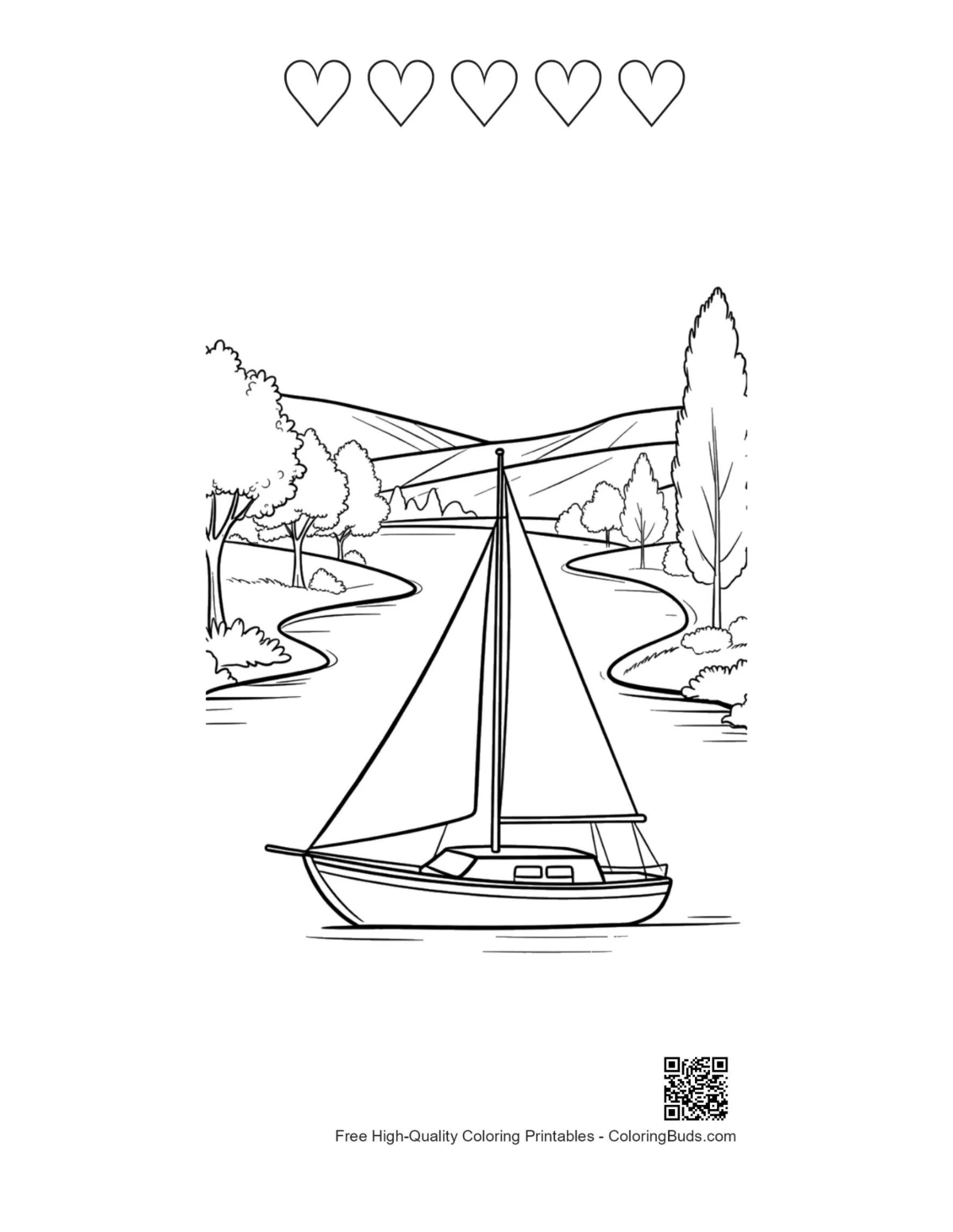 Countryside sailboat with 5 heart outlines