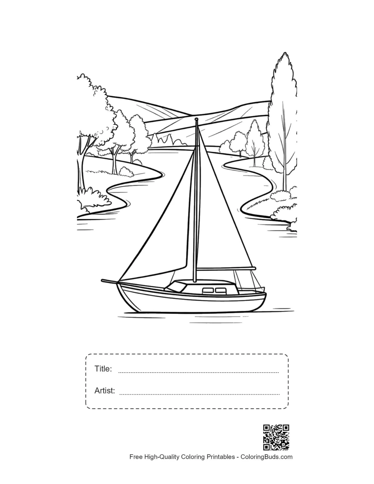 Sailboat coloring page with title artist box