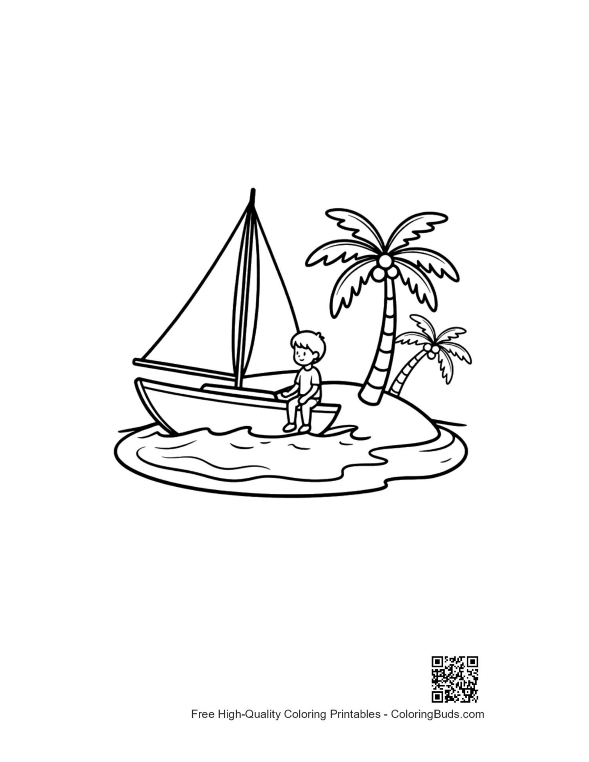 Sailboat anchored by tropical island printable coloring page