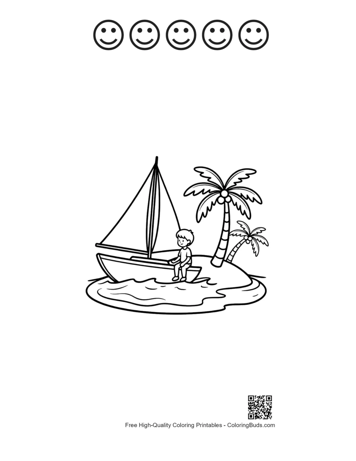 5 happy face outline sailboat island printable coloring