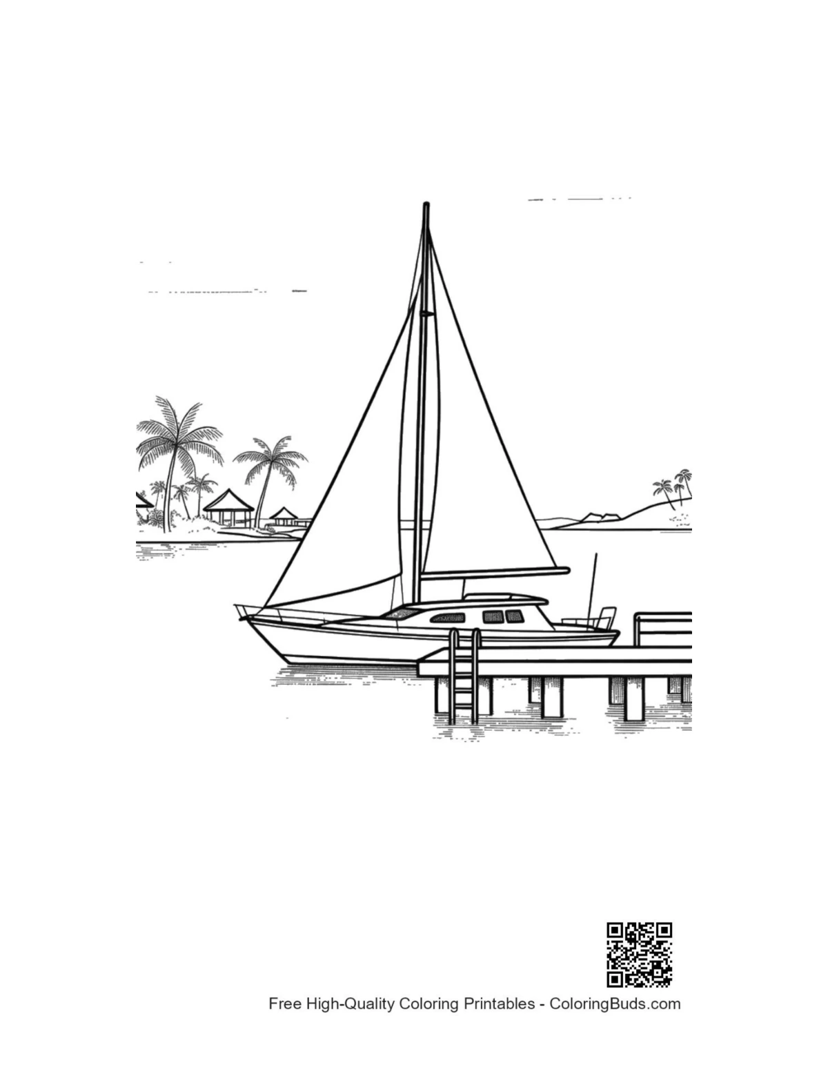 Printable sailboat approaching tropical dock with palms