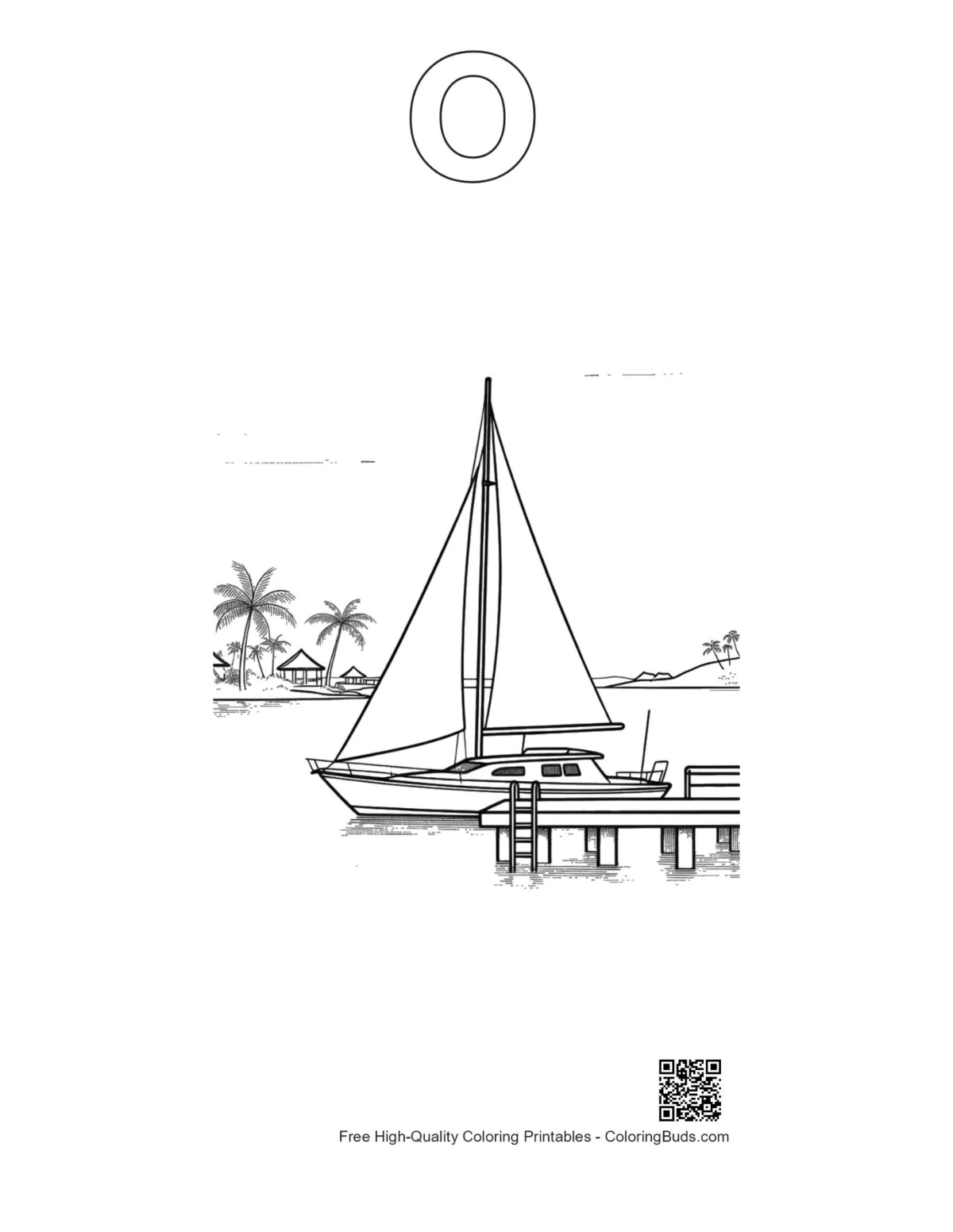 Sailboat dock printable alphabet O outline coloring page