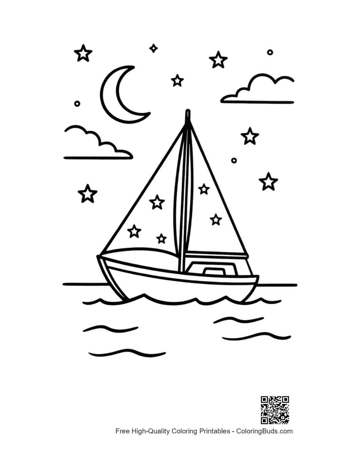 Sailboat under crescent moon and stars printable