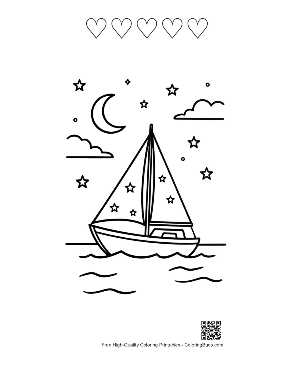 Sailboat printable with 5 heart outlines