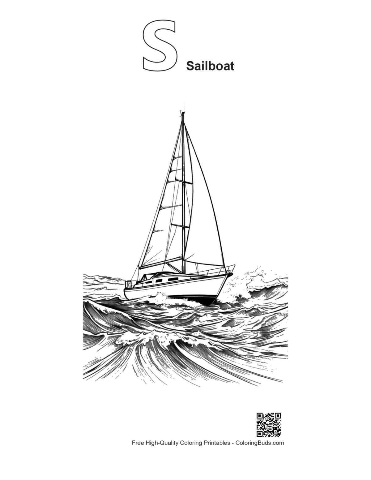Sailboat stormy seas alphabet S outline printable