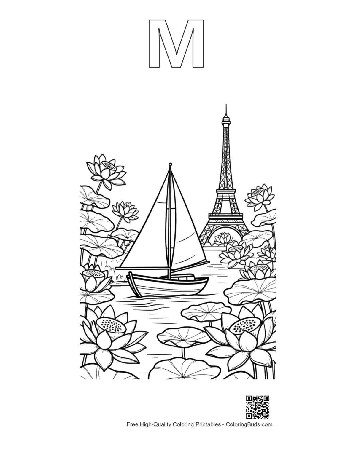 Sailboat coloring with alphabet M outline