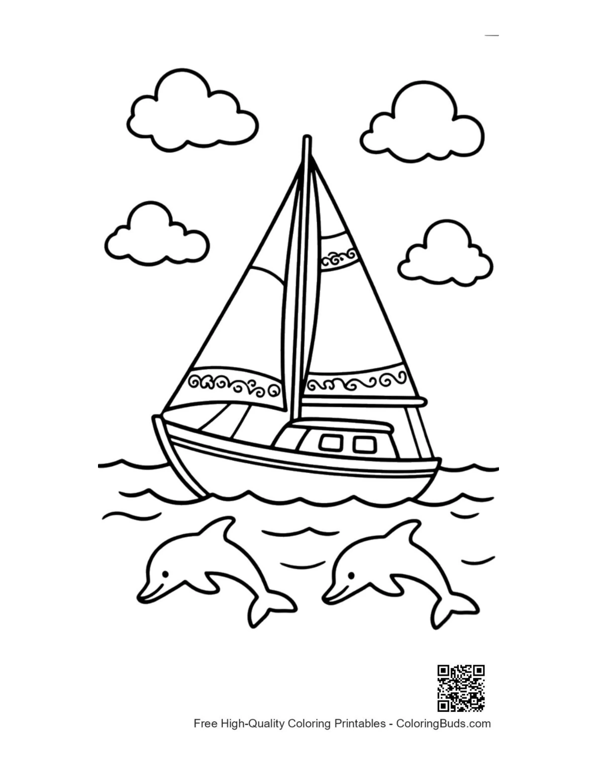 Printable sailboat cruising with jumping dolphins ocean scene