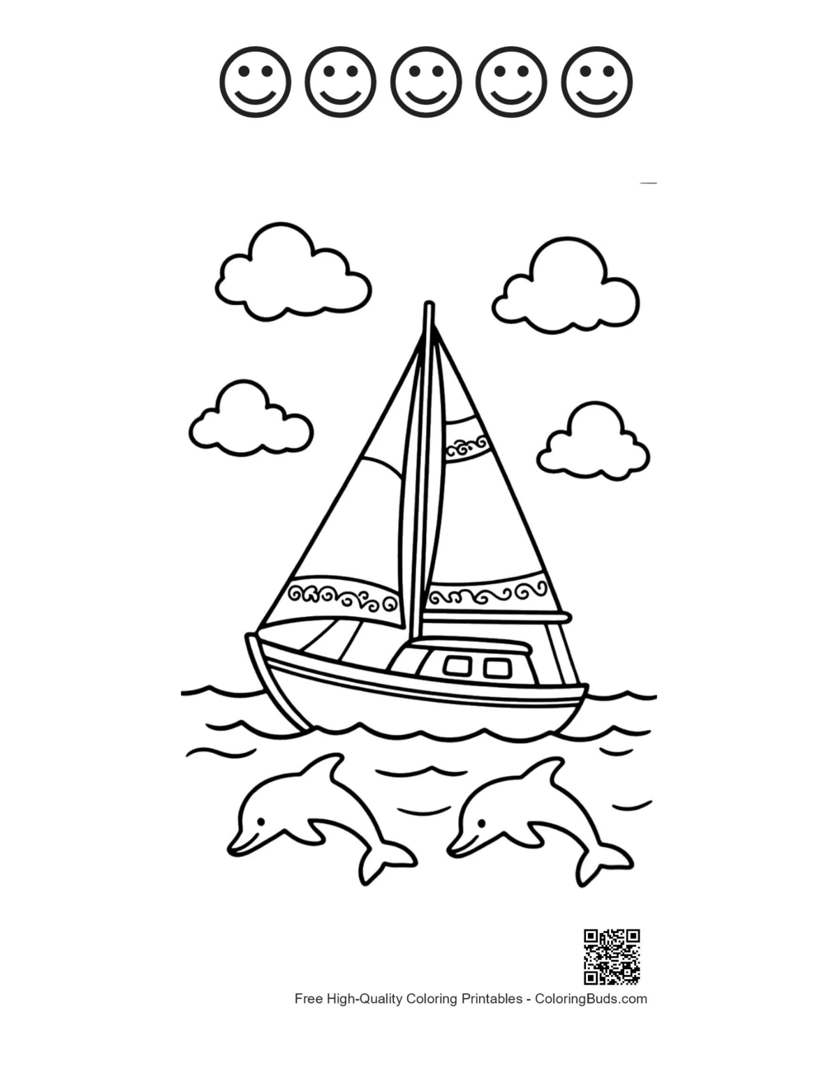 Printable sailboat dolphins with 5 happy face outlines page