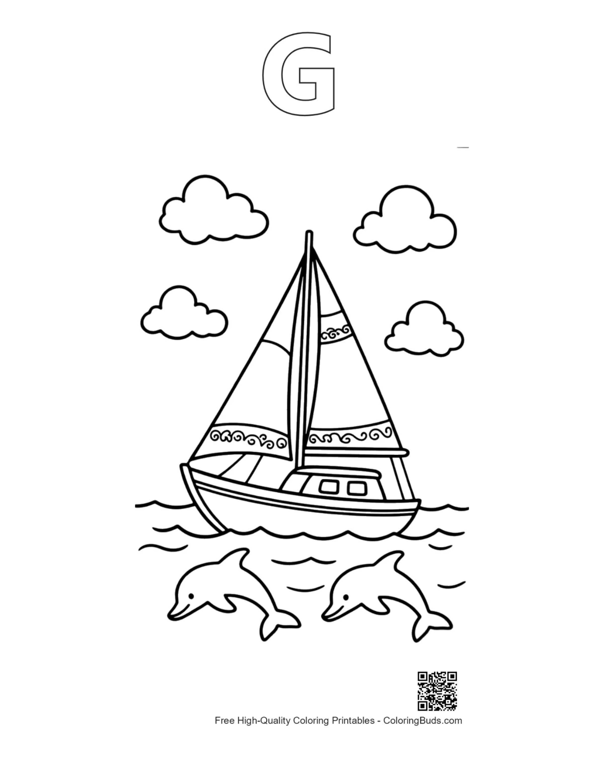 Sailboat dolphins ocean printable outline alphabet letter G
