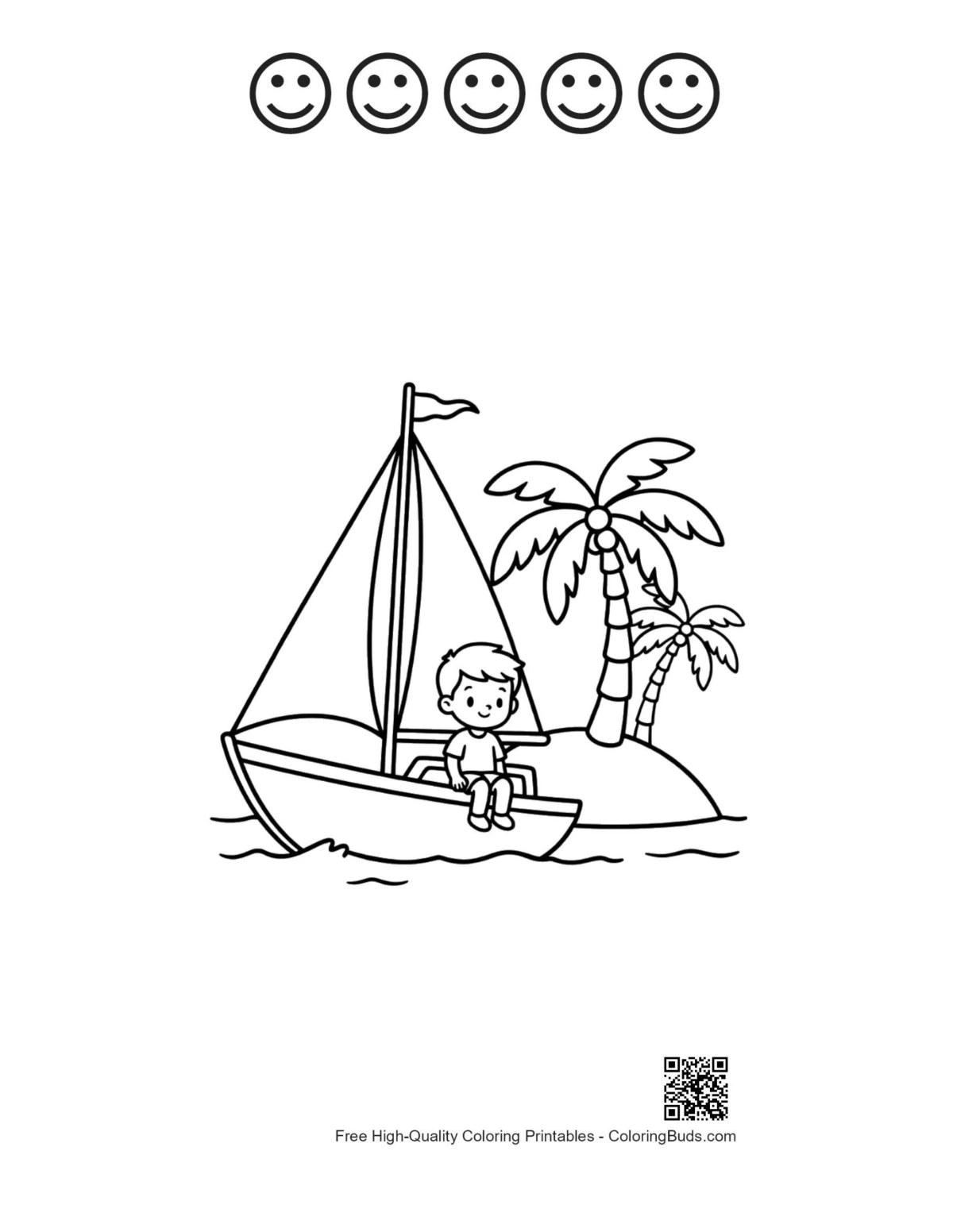 Printable sailboat with happy faces outlines for kids page