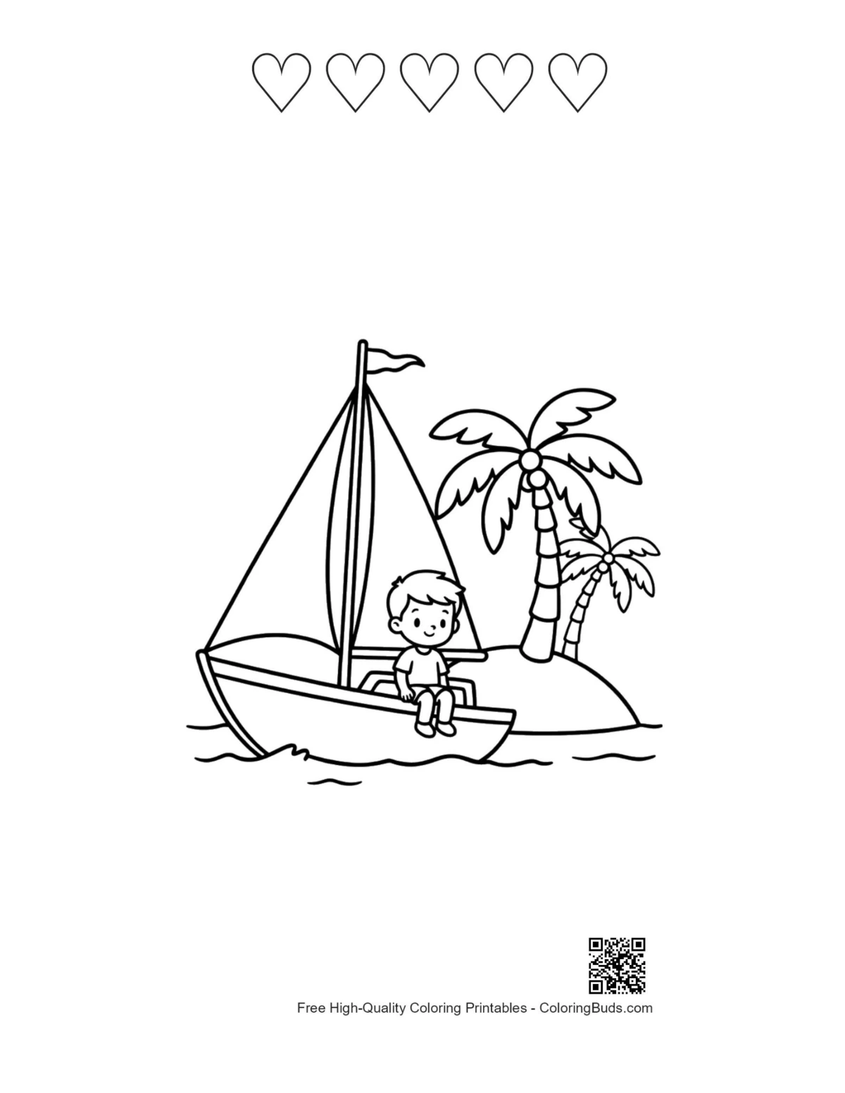 Cute sailboat and hearts outline printable sheet for kids