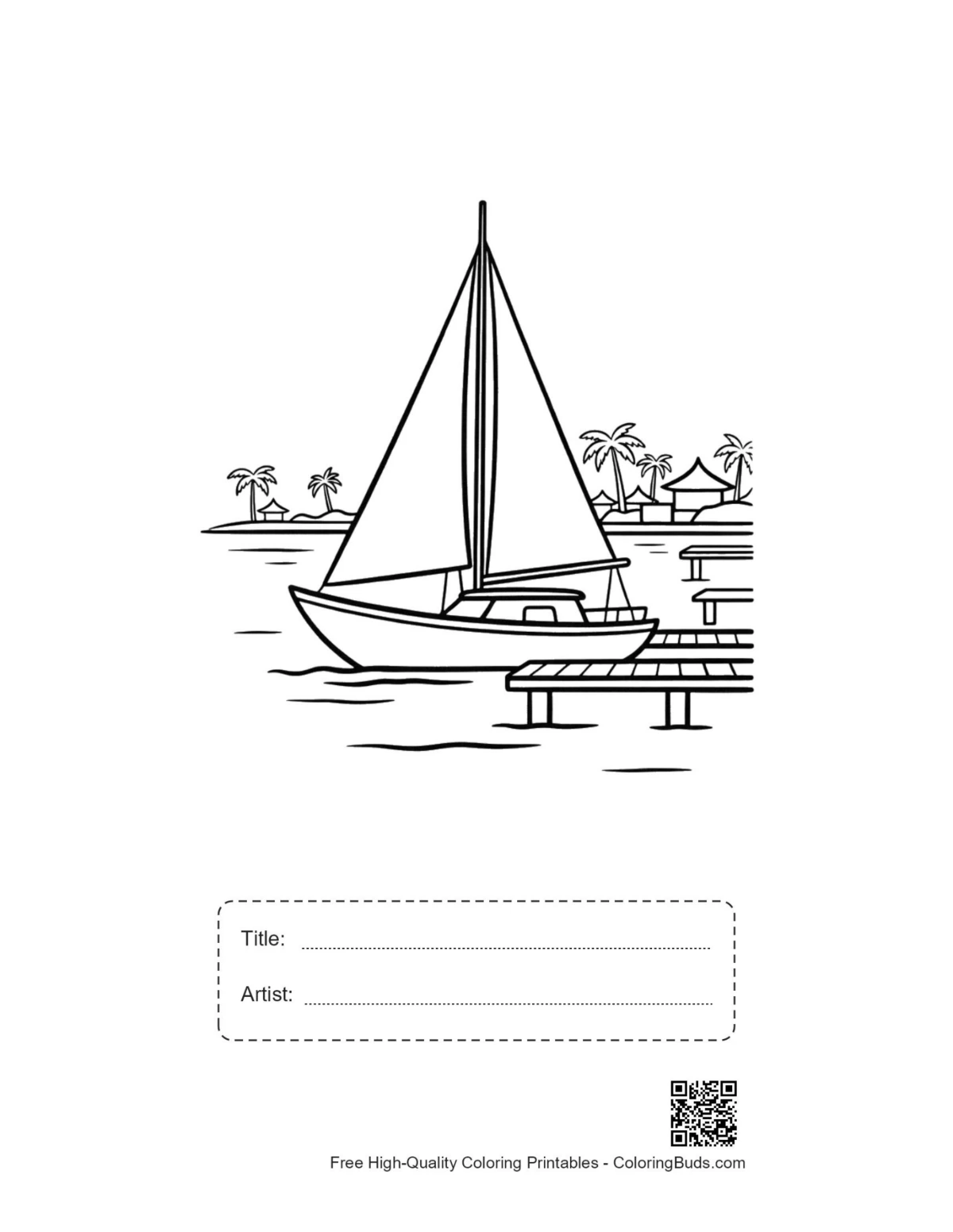 ภาพพิมพ์เรือใบพร้อมช่องชื่อเรื่องและศิลปินสำหรับเด็ก