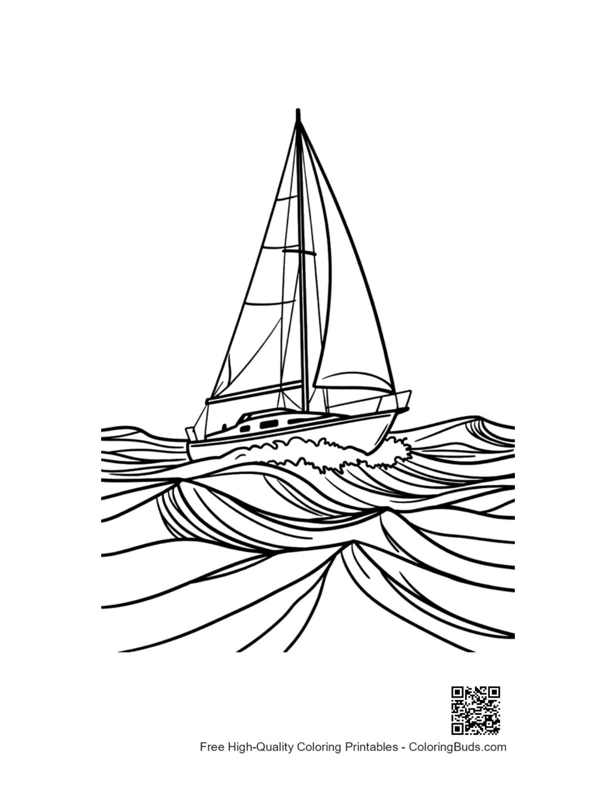 Sailboat gliding through ocean waves coloring page
