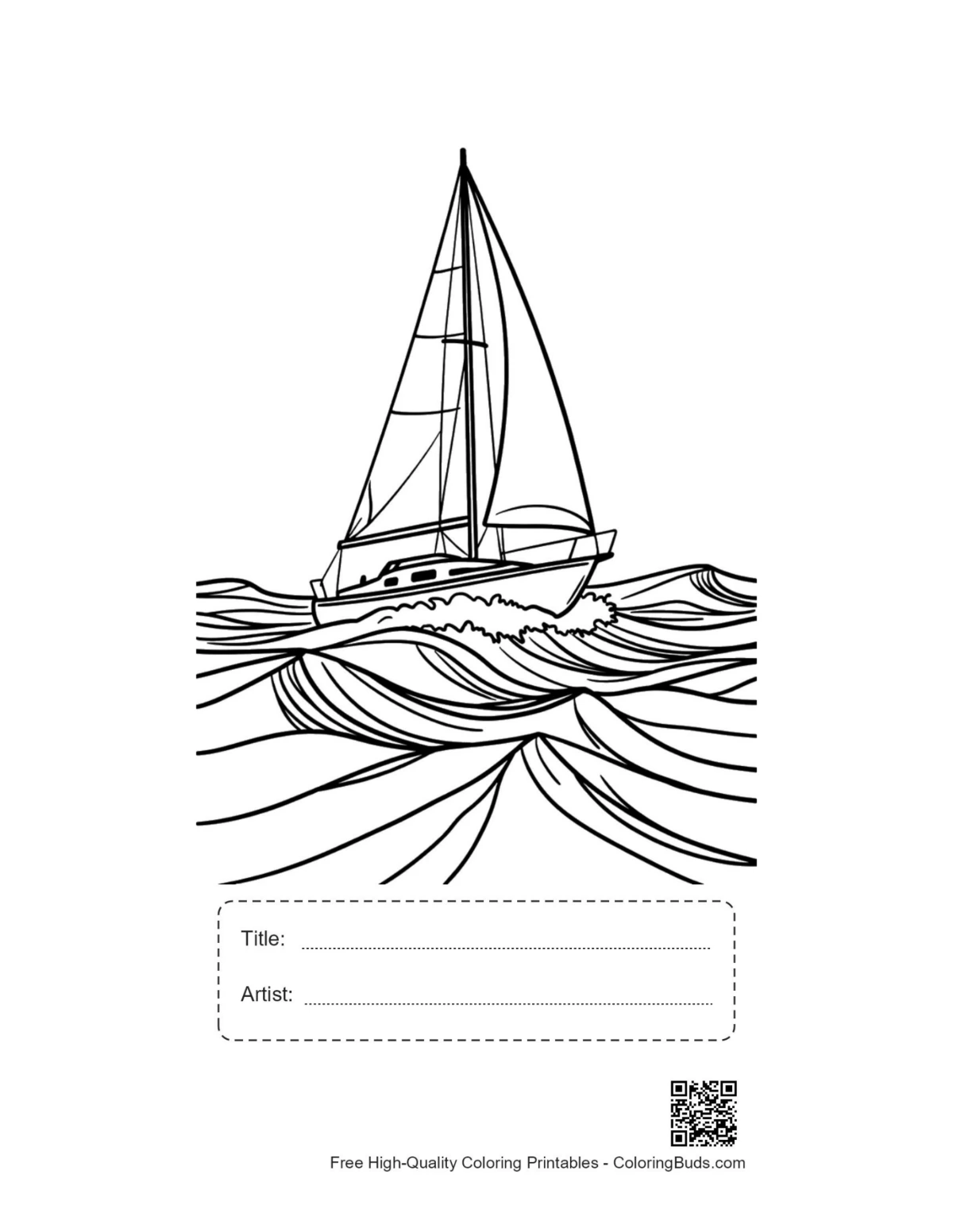 Printable sailboat gliding waves with title artist box