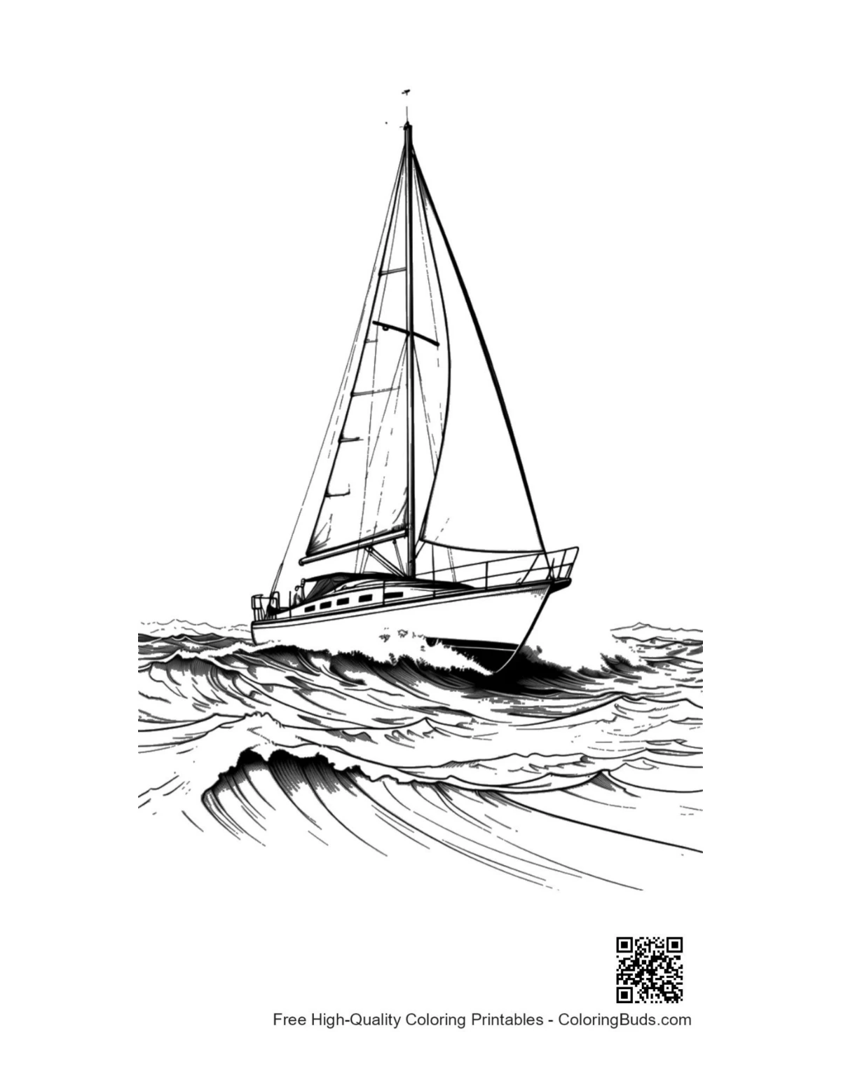 Sailboat gliding through rough waves coloring page