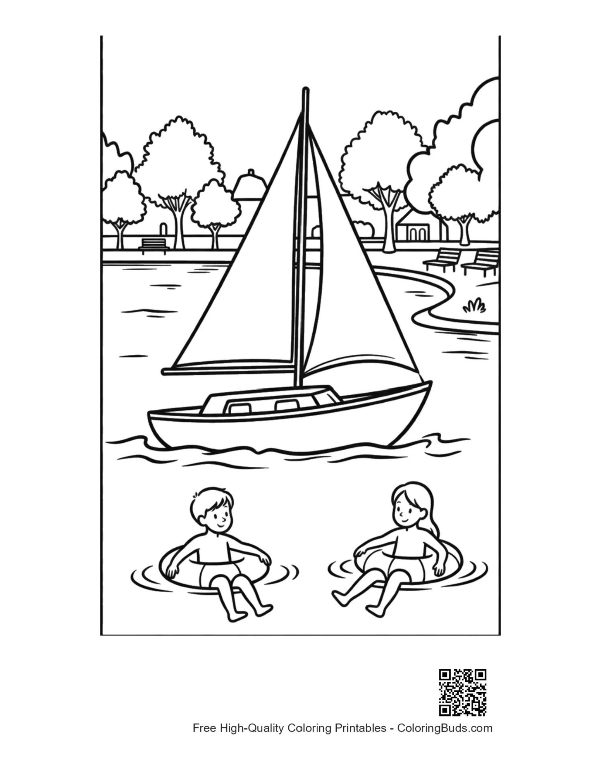 Sailboat coloring page beach kids playing water