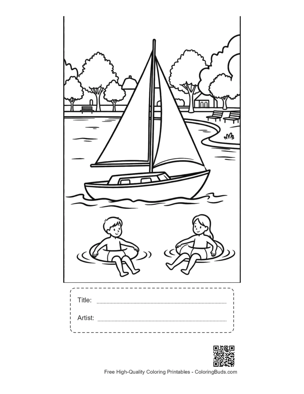 Sailboat printable with title artist box beach scene