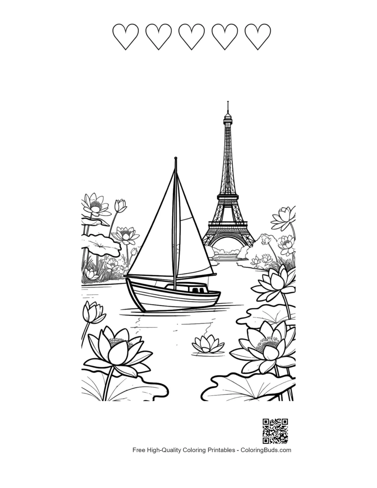 ภาพเรือใบพร้อมร่างหัวใจ 5 ดวง พิมพ์ได้สำหรับระบายสี