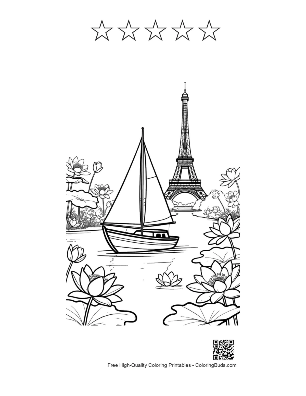 ภาพเรือใบพร้อมร่างดาว 5 ดวง พิมพ์ได้สำหรับระบายสี
