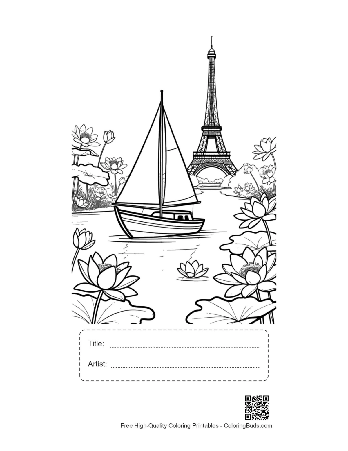 ภาพเรือใบพิมพ์ได้พร้อมช่องชื่อเรื่องและชื่อศิลปิน