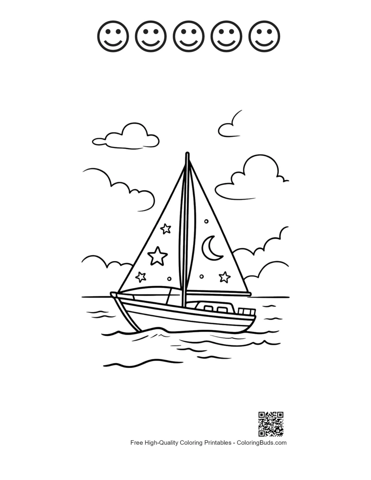 ภาพเรือใบดึกดื่นดาวพร้อมเส้นร่างใบหน้ายิ้ม 5 ใบ