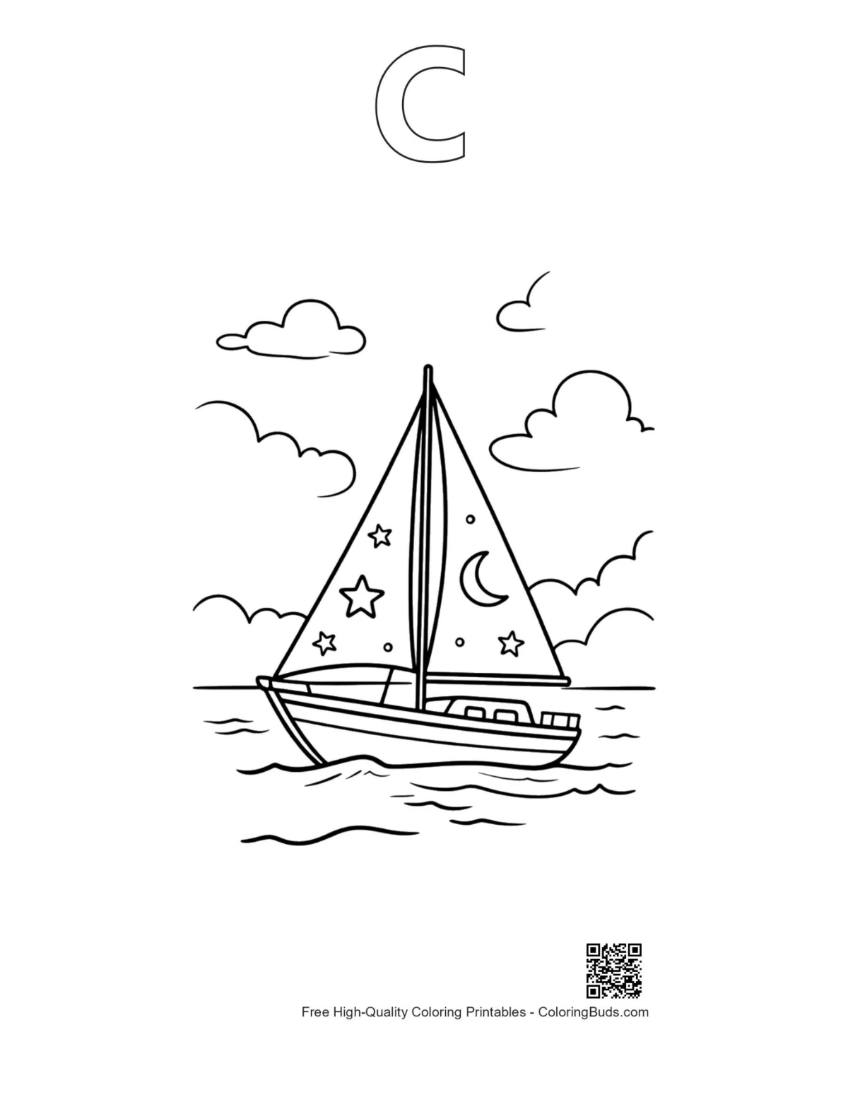 ภาพเรือใบดึกดื่นดาวเส้นร่างพร้อมตัวอักษร C พิมพ์ได้