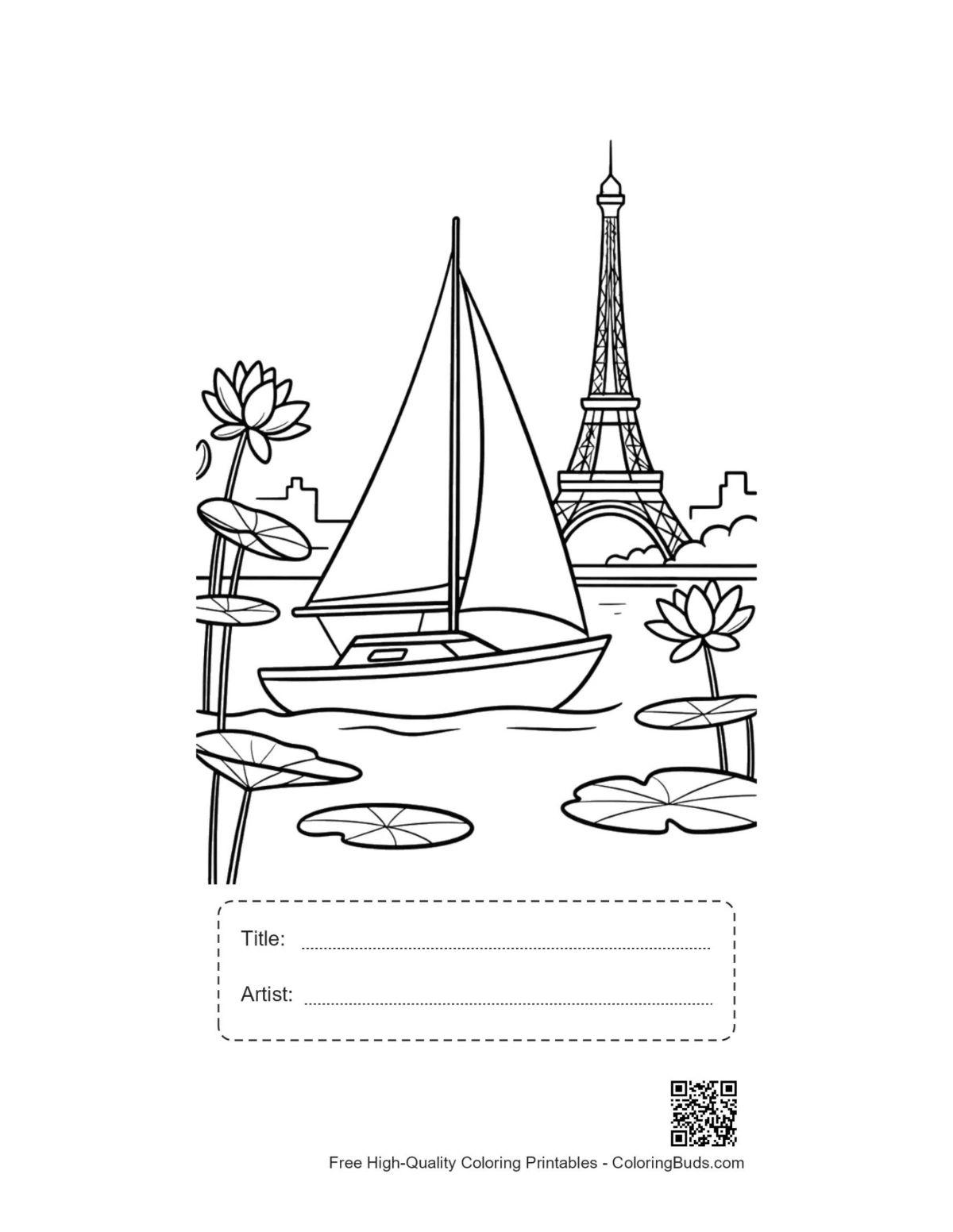 ภาพพิมพ์เรือใบพร้อมช่องชื่อเรื่องศิลปินหอไอเฟล
