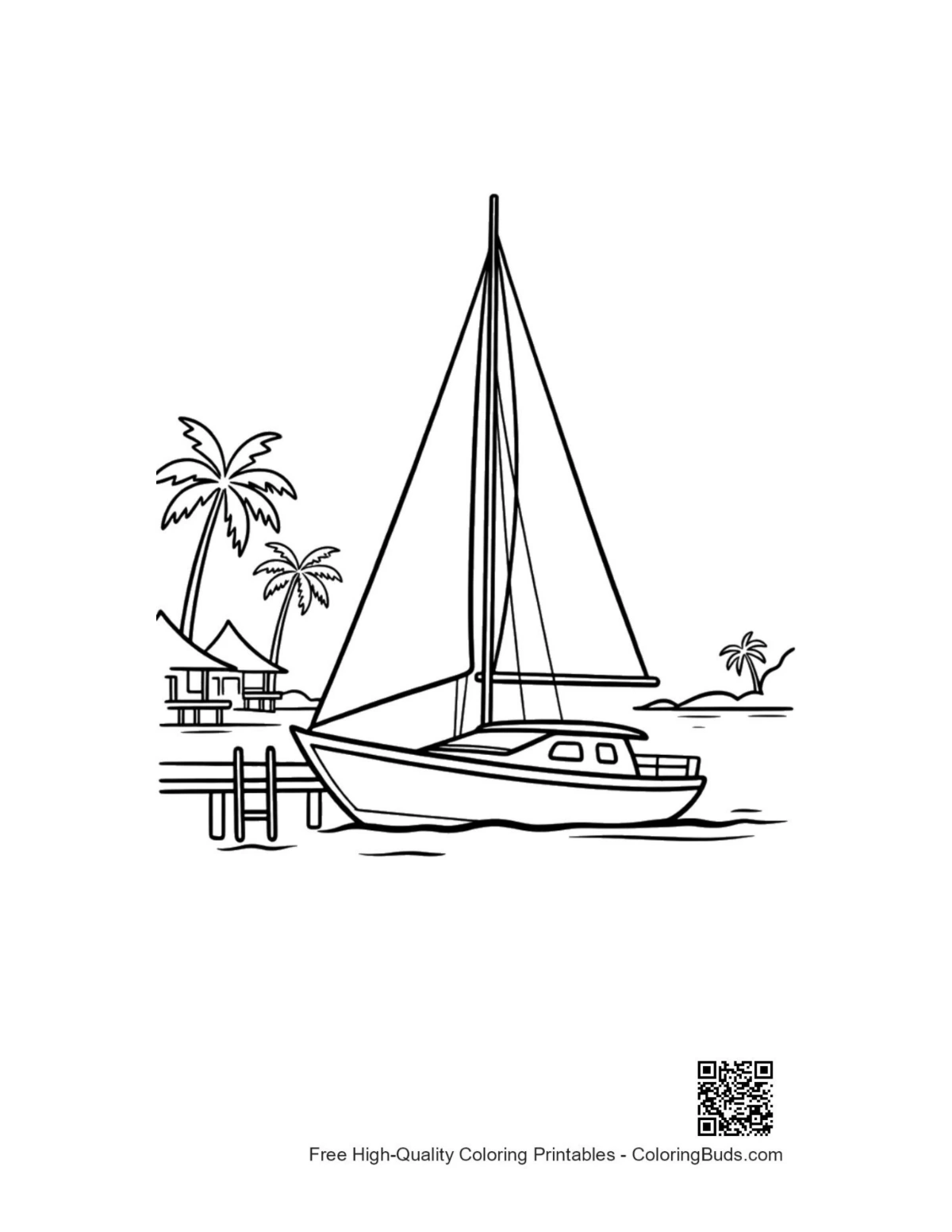 ภาพระบายสีเรือใบเข้าอ่าวเขตร้อนพร้อมท่าเรือไม้