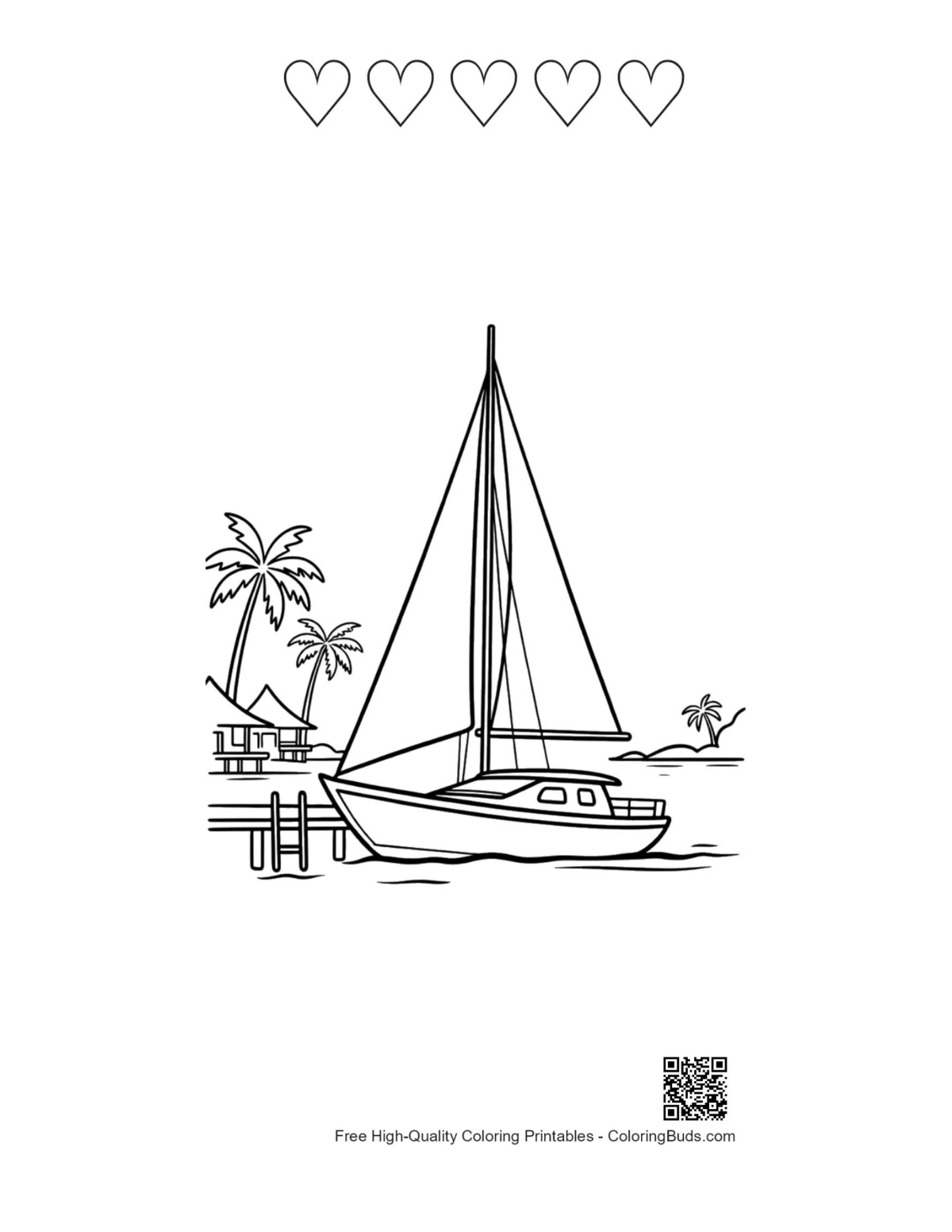 ภาพพิมพ์เรือใบอ่าวเขตร้อนพร้อมเส้นร่างหัวใจ 5 ดวง