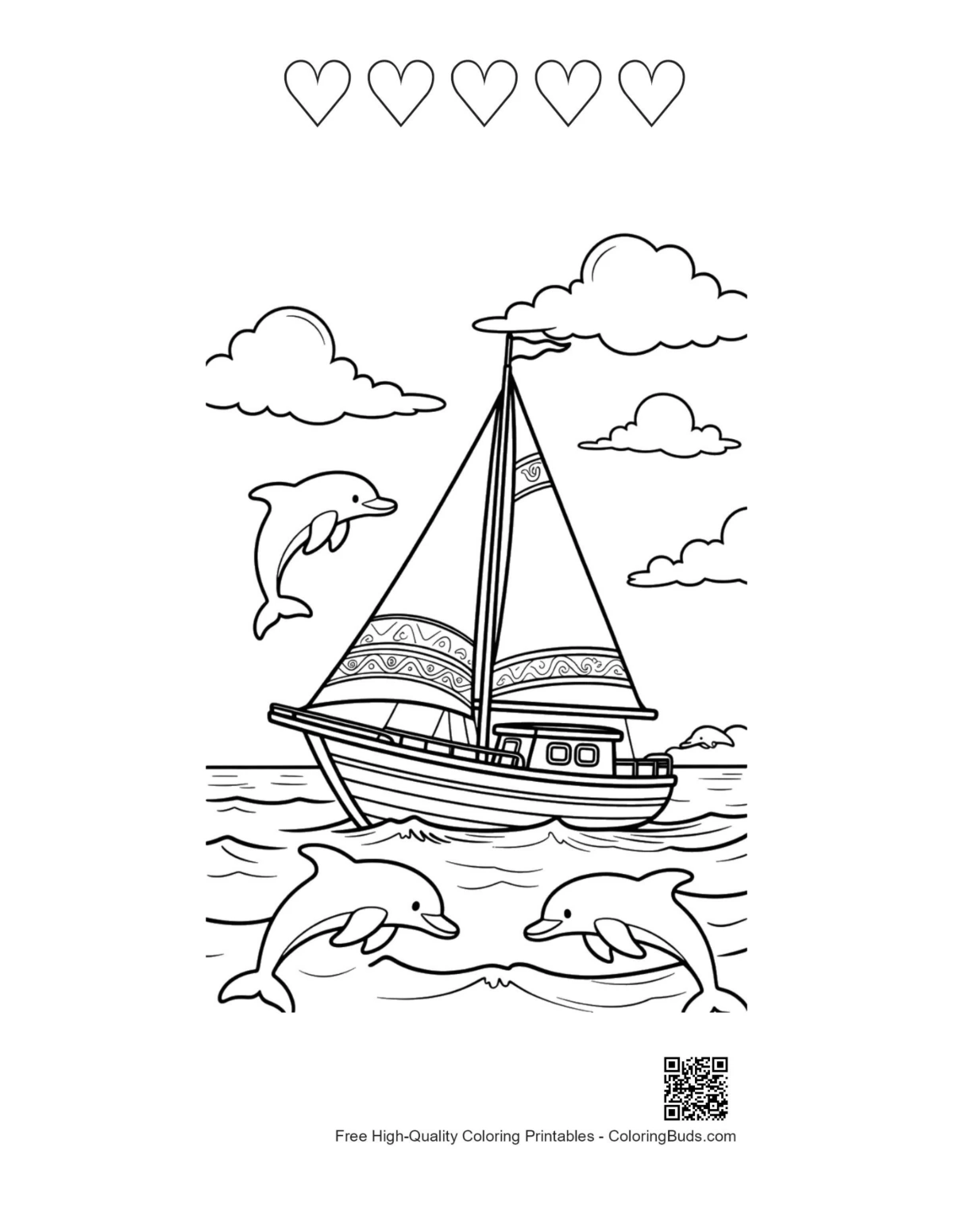 ภาพพิมพ์แล่นเรือทะเล รูปนูนหัวใจ 5 ดวง เรือใบ โลมา