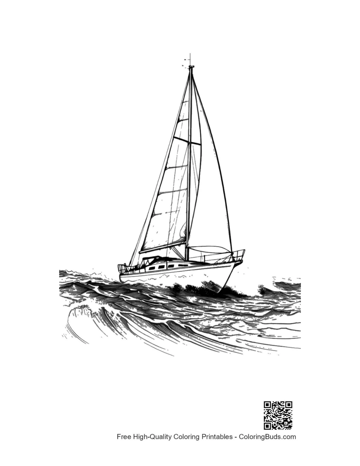 Sleek sailboat in choppy waves outline