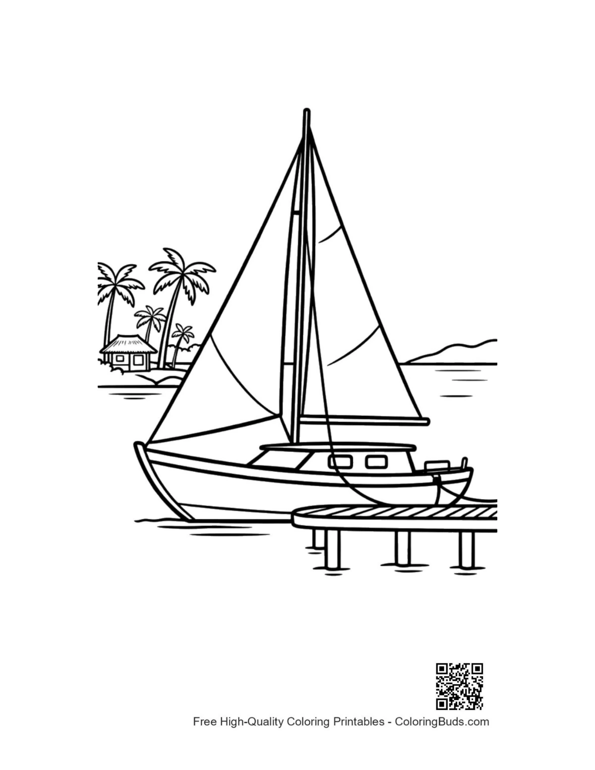 Yacht docked at wooden pier sailboat coloring printable