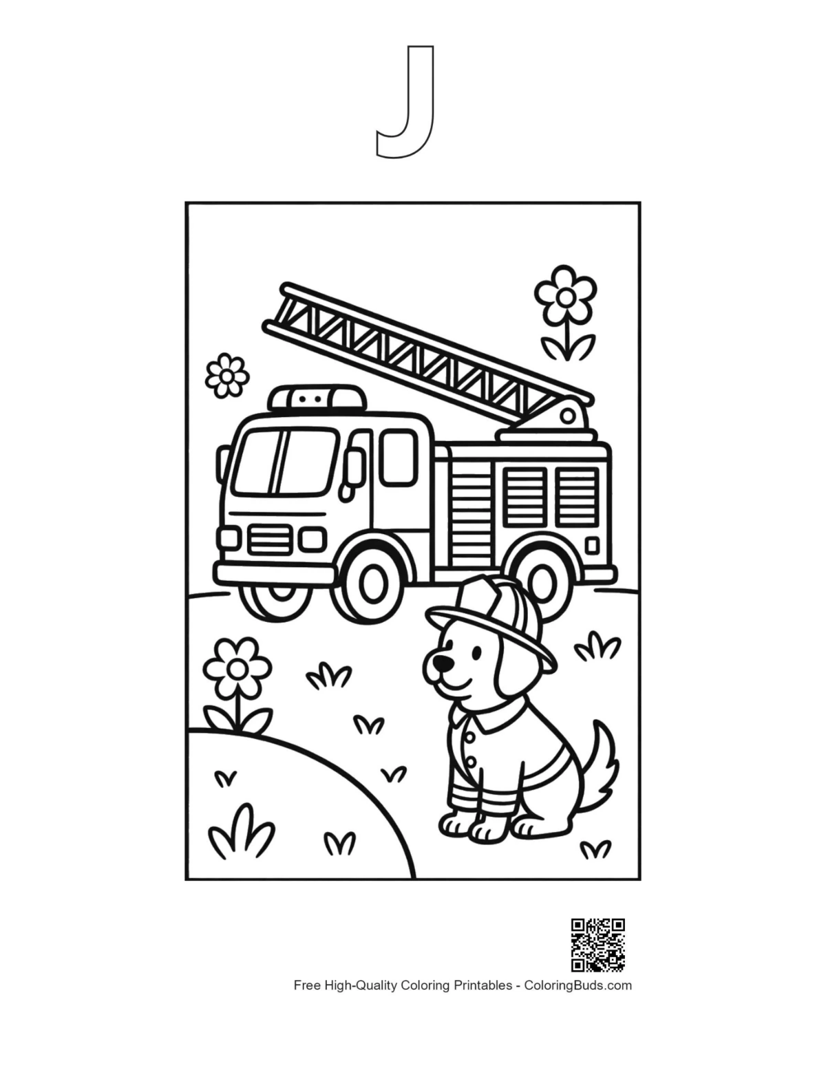 Fire puppy printable outline with alphabet J