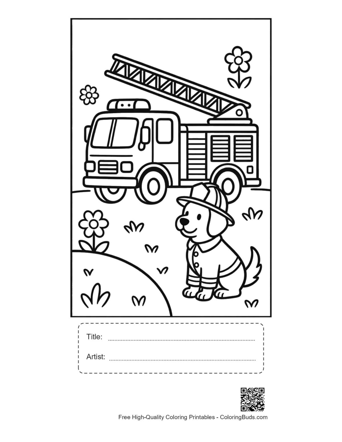 Fire dog puppy printable with title artist box