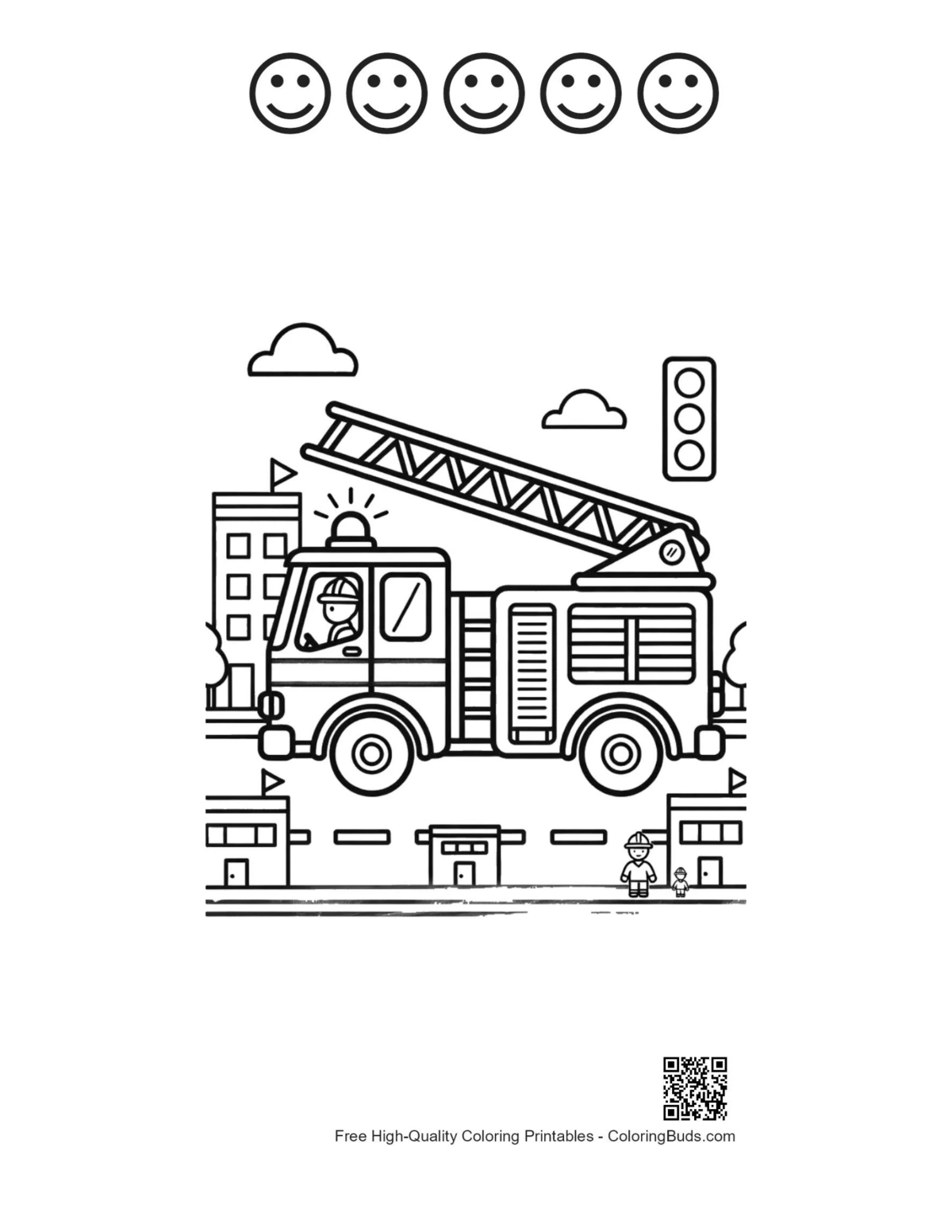Fire truck 5 happy faces outline coloring page