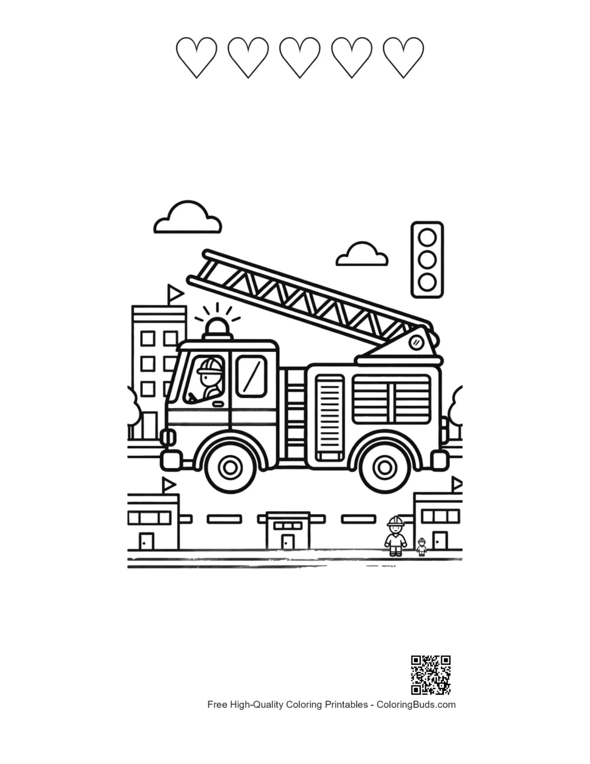 Fire truck with 5 heart outlines printable sheet