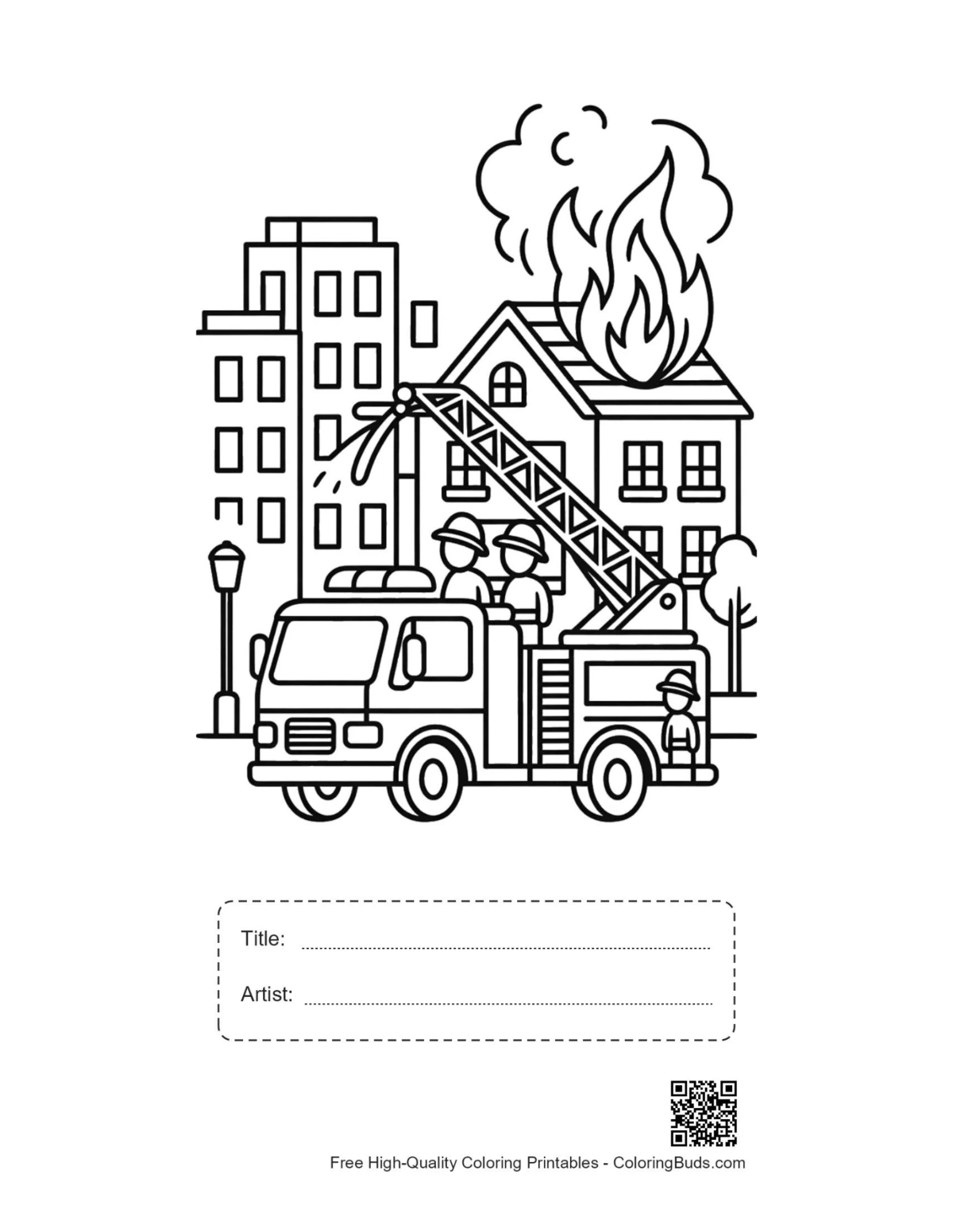 Süßes Feuerwehr-Ausmalbild zum Drucken mit Titel- und Künstlerfeld