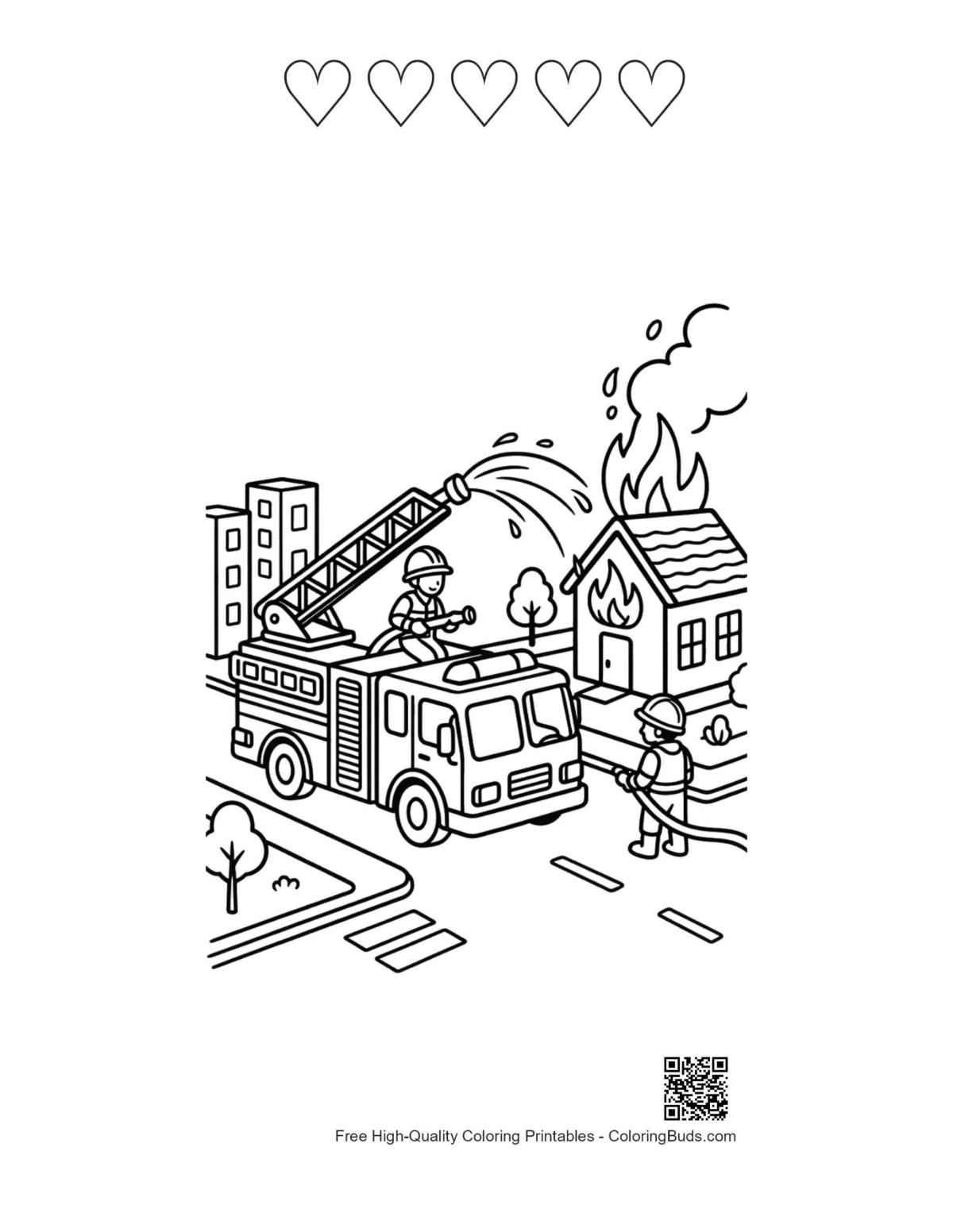 Fire Engine coloring with 5 hearts outline