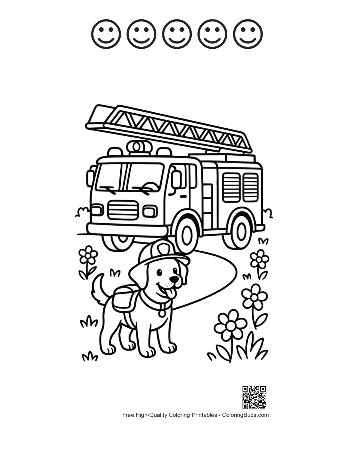 Fire engine with happy faces outline for kids