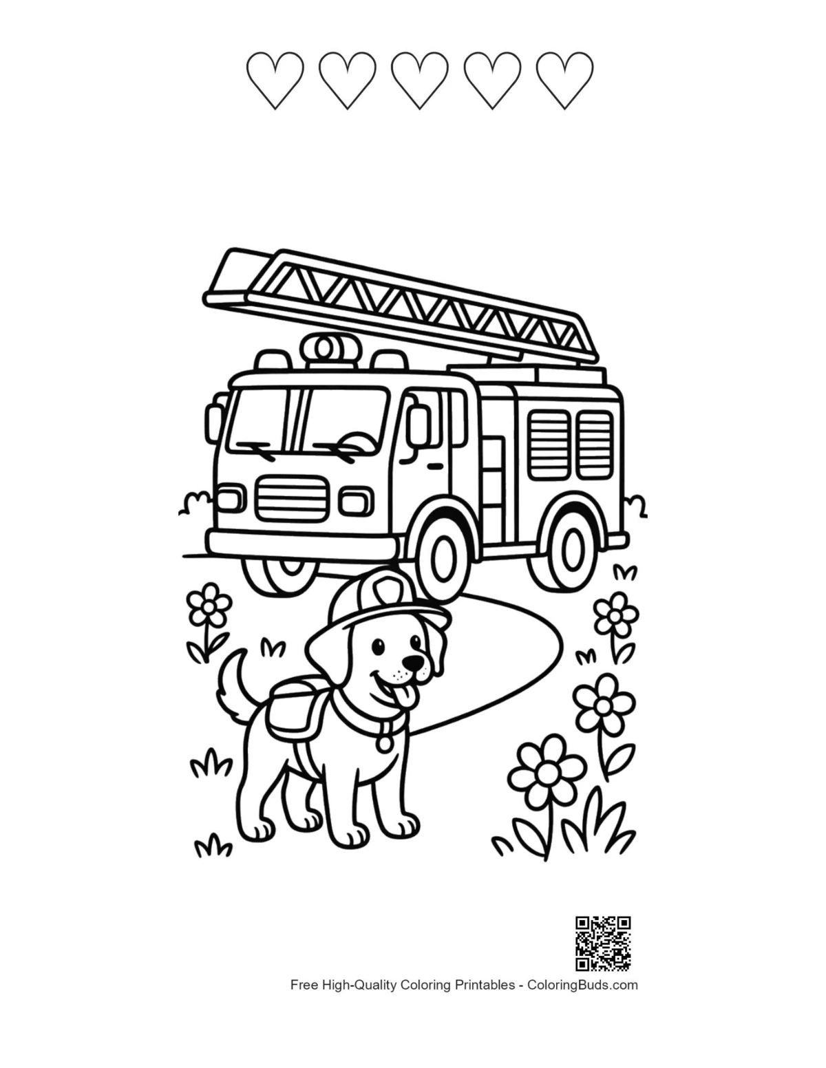 Easy fire engine hearts outline printable kids