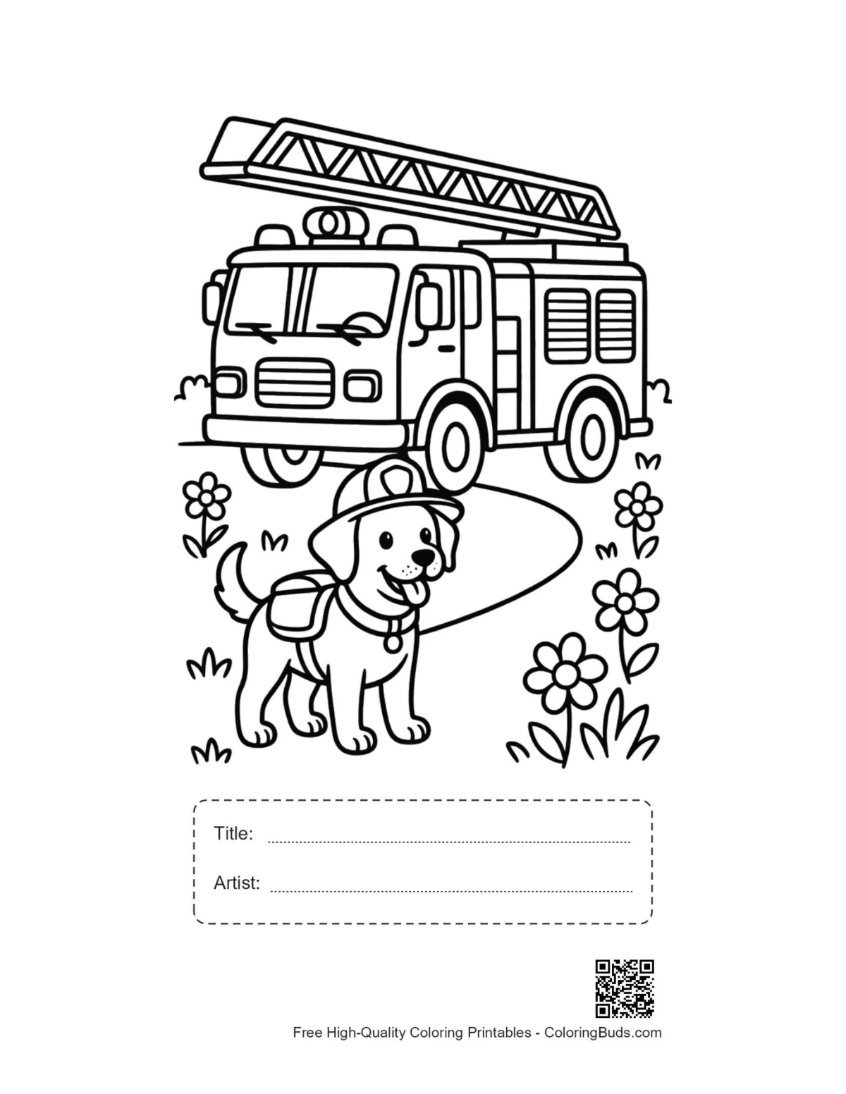 Fire engine printable with title box for kids