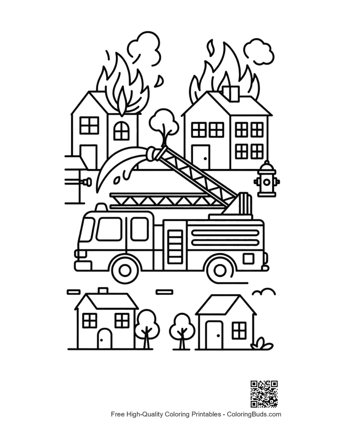 Fire engine arriving at burning house city coloring page