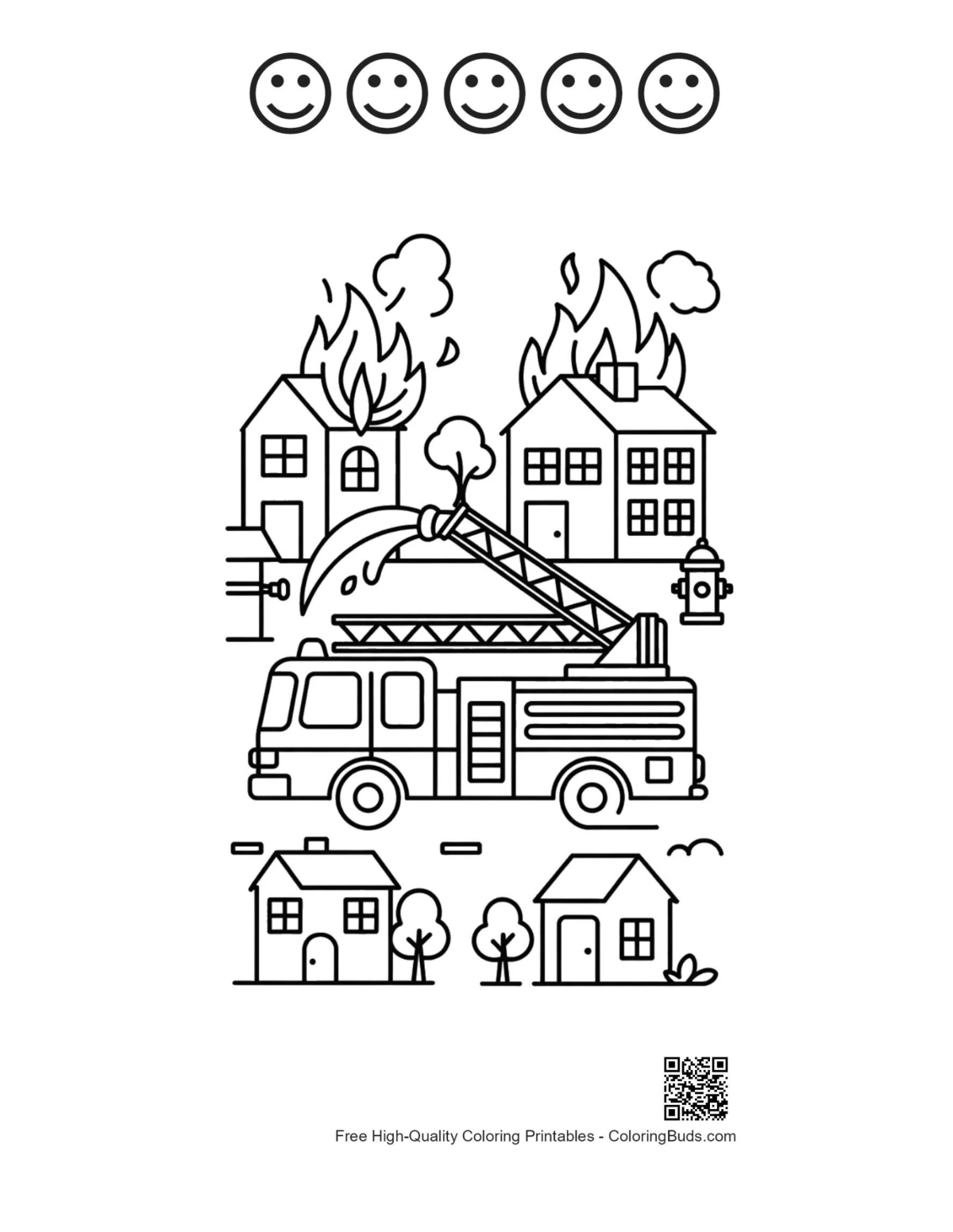 Fire engine with 5 happy face outline printable sheet