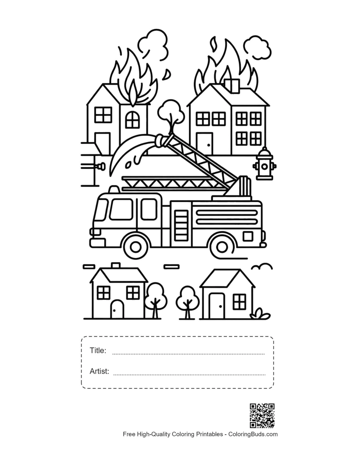Fire engine printable with title artist box coloring page